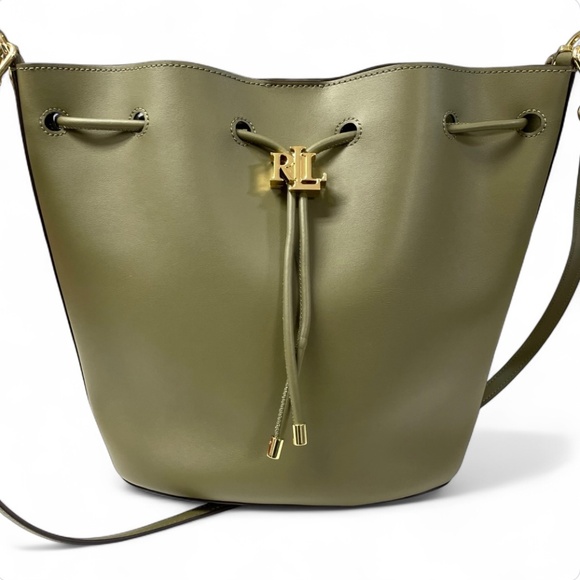 Lauren Ralph Lauren Andie Drawstring Leather Bucket Bag Olive Green - Picture 4 of 14